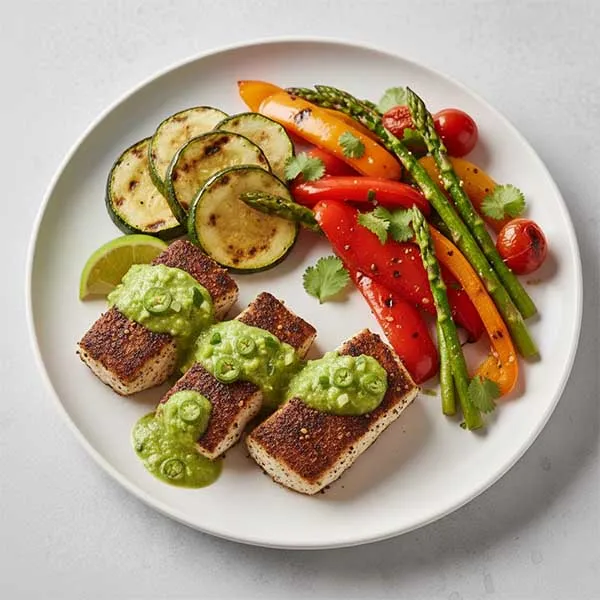Mexican Blackened Fish with Serrano Pepper Sauce & Grilled Keto Vegetables